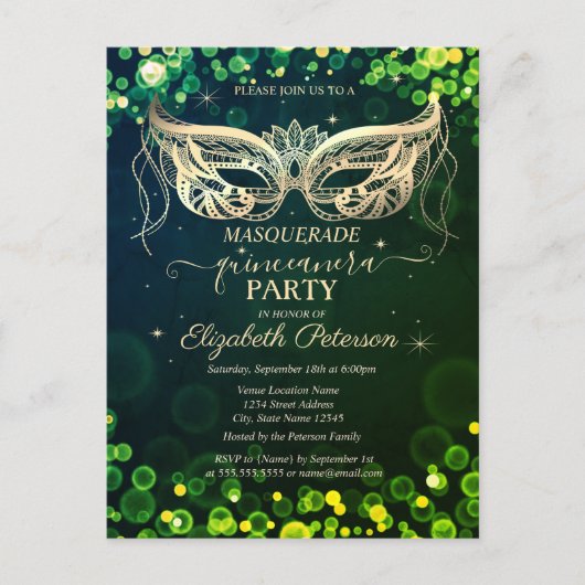 Masquerade Bokeh Groene Stippen Quinceañera Uitnodiging Briefkaart (Voorkant)