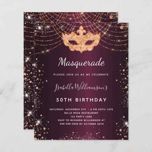 Masquerade bordeaux roos gouden verjaardagsuitnodi (Voorkant / Achterkant)