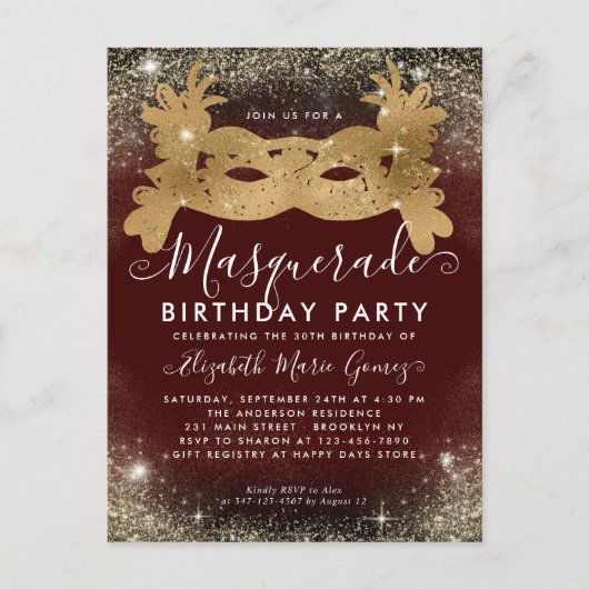 Masquerade Bourgogne Gouden Glitter Verjaardagsfee Briefkaart (Voorkant)