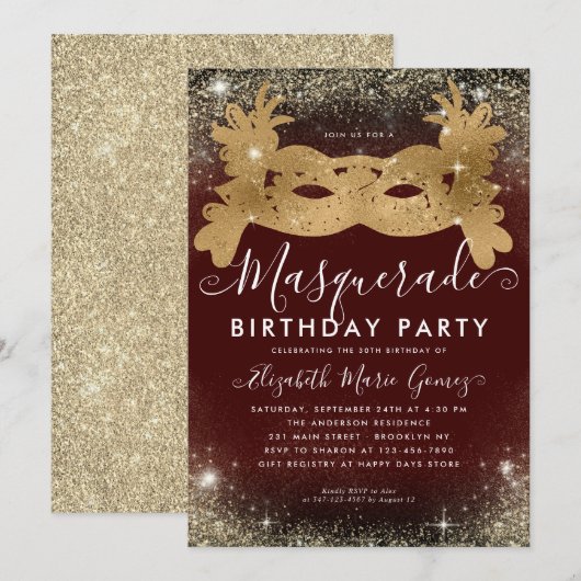 Masquerade Bourgogne Gouden Glitter Verjaardagsfee Kaart (Voorkant / Achterkant)