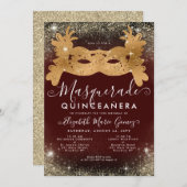 Masquerade Bourgogne Rode Gouden Glitter Quinceane Kaart (Voorkant / Achterkant)