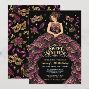 Masquerade Bourgondië Goud Sweet Sixteen Kaart