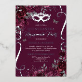 Masquerade Butterfly Bourgogne Zilver Quinceanera Folie Uitnodiging (Voorkant)