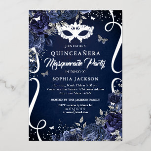 Masquerade Butterfly Navy Silver Quinceanera Folie Uitnodiging