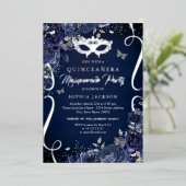 Masquerade Butterfly Navy Silver Quinceanera Folie Uitnodiging (Staand Voorkant)