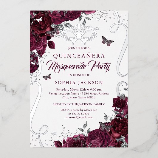 Masquerade Butterfly Silver Bourgogne Quinceanera Folie Uitnodiging (Voorkant)