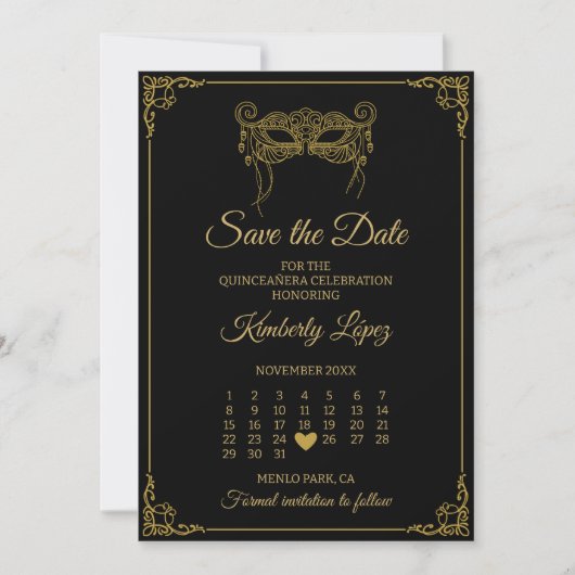 Masquerade Calendar Save the Date Quinceañera Kaart (Voorkant)