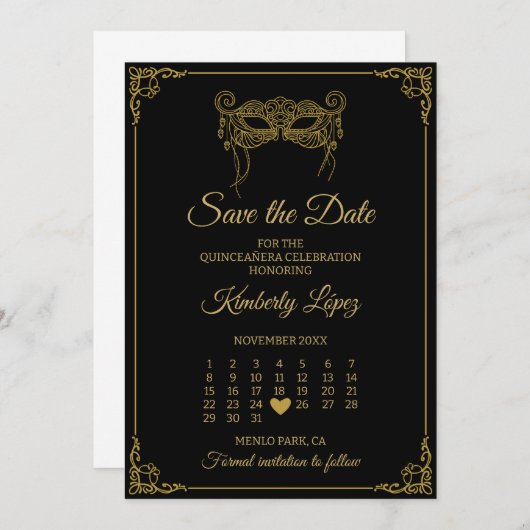 Masquerade Calendar Save the Date Quinceañera Kaart (Voorkant / Achterkant)