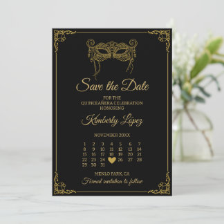 Masquerade Calendar Save the Date Quinceañera Kaart