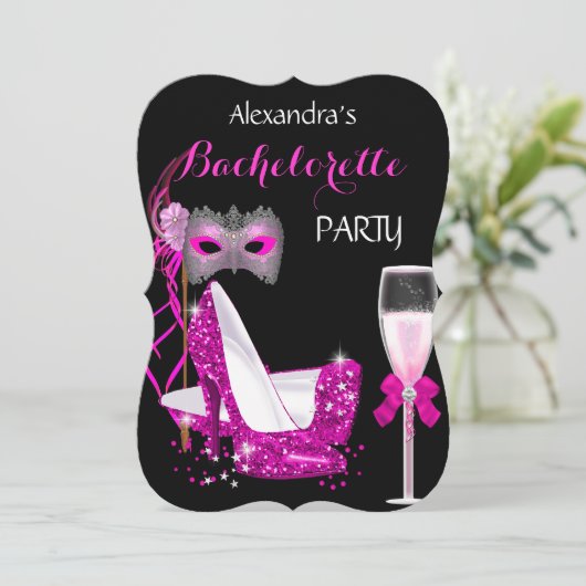 Masquerade Champagne Bachelorette Hot Pink l2 Kaart (Staand voorkant)