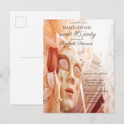Masquerade Chic Masque Sweet 16 I Uitnodiging Briefkaart (Voorkant / Achterkant)