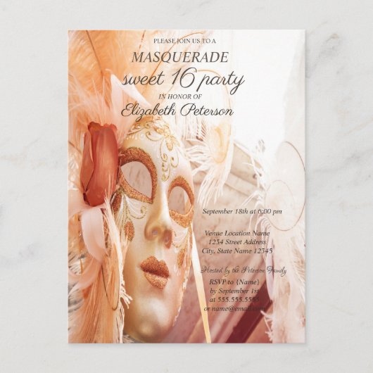 Masquerade Chic Masque Sweet 16 I Uitnodiging Briefkaart (Voorkant)