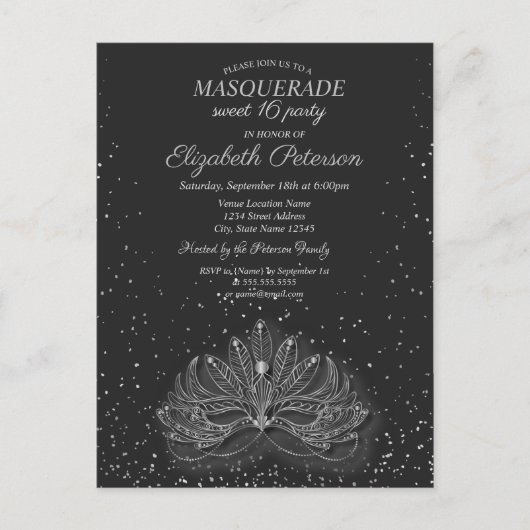 Masquerade, Confetti Masque Gray Sweet 16 Uitnodiging Briefkaart (Voorkant)