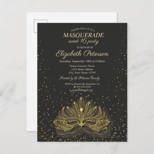 Masquerade, Confetti Masque Sweet 16 Uitnodiging Briefkaart (Voorkant / Achterkant)