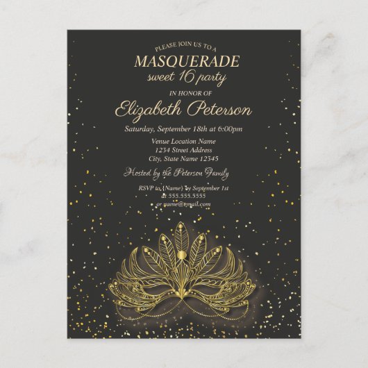 Masquerade, Confetti Masque Sweet 16 Uitnodiging Briefkaart (Voorkant)