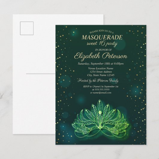 Masquerade, Confetti Stars Green Masque Sweet 16 Uitnodiging Briefkaart (Voorkant / Achterkant)