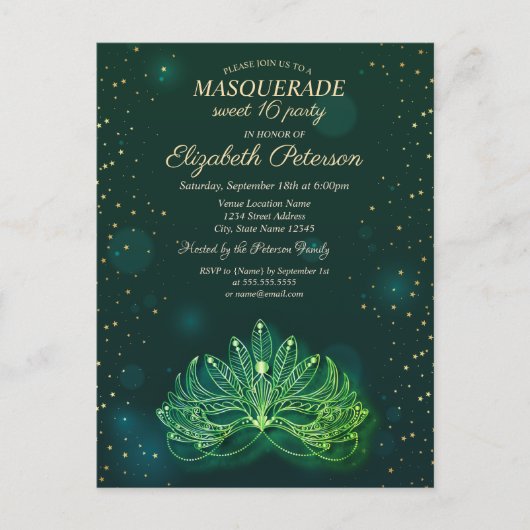 Masquerade, Confetti Stars Green Masque Sweet 16 Uitnodiging Briefkaart (Voorkant)