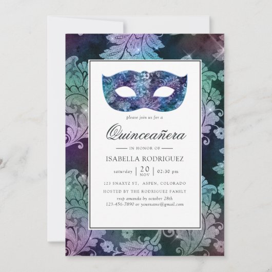  Masquerade Damask Quinceañera Kaart (Voorkant)