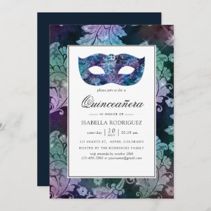  Masquerade Damask Quinceañera Kaart