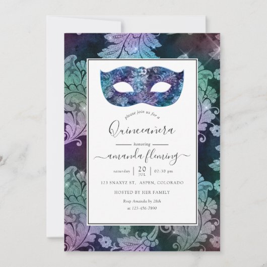  Masquerade Damask Quinceañera Kaart (Voorkant)