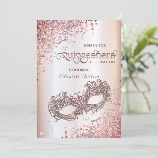 Masquerade diamant luxe Quinceañera roos gold Kaart (Staand voorkant)