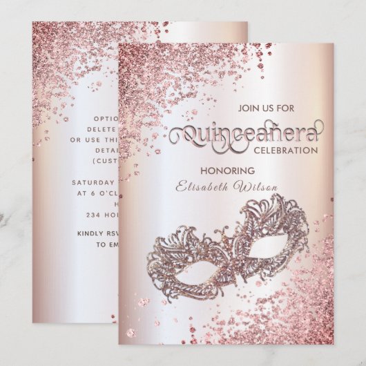 Masquerade diamant luxe Quinceañera roos gold Kaart (Voorkant / Achterkant)