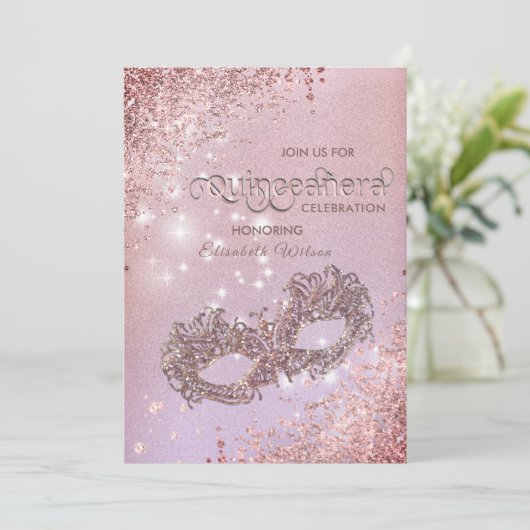 Masquerade diamant luxe Quinceañera roos gold Kaart (Staand voorkant)