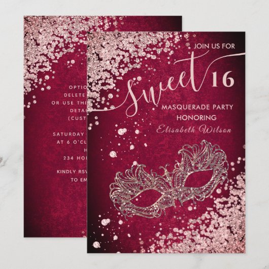 Masquerade diamant luxe roos goud, zoet 16 Inv. Kaart (Voorkant / Achterkant)