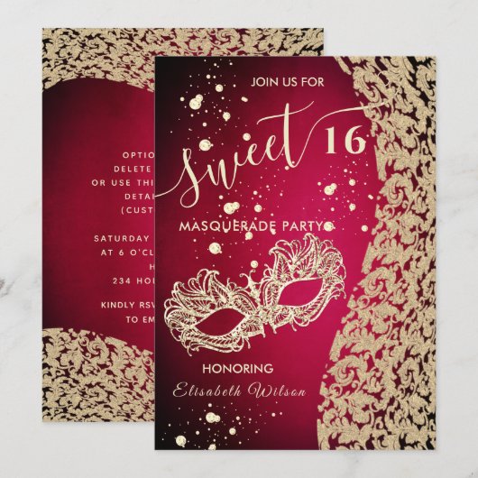 Masquerade diamantdemask red zoet 16 uitnodiging (Voorkant / Achterkant)