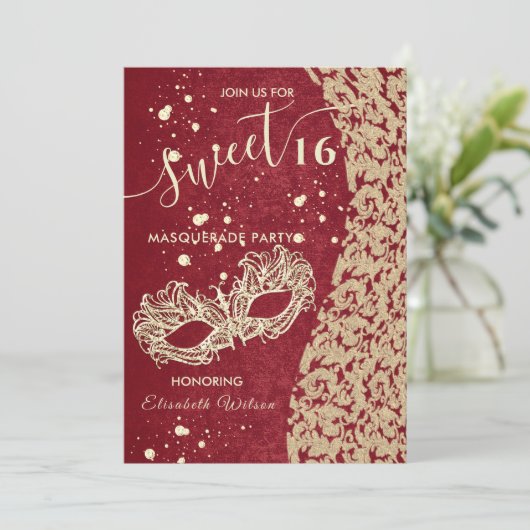 Masquerade diamantdemask red zoet 16 uitnodiging (Staand voorkant)