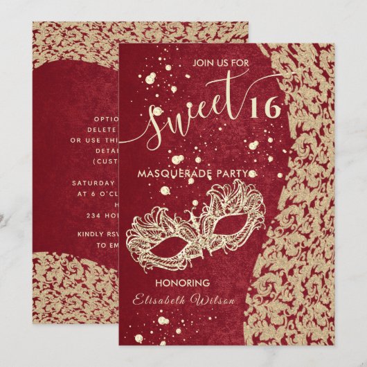 Masquerade diamantdemask red zoet 16 uitnodiging (Voorkant / Achterkant)