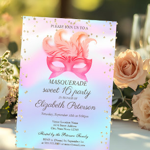 Masquerade Diamanten,Masque,Holografische Sweet 16 Uitnodiging Briefkaart