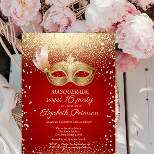 Masquerade Diamanten,Masque,Rode Sweet 16 Uitnodiging Briefkaart