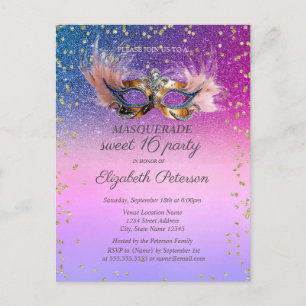 Masquerade Diamanten Paarse Glitters Sweet 16 Uitnodiging Briefkaart