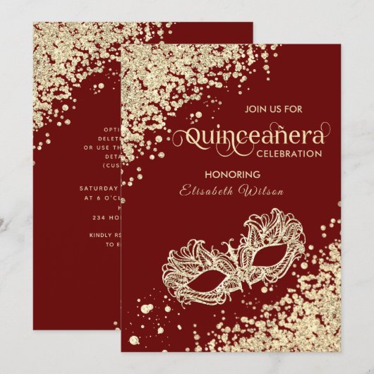 Masquerade diamantluxe Quinceañera red Kaart (Voorkant / Achterkant)