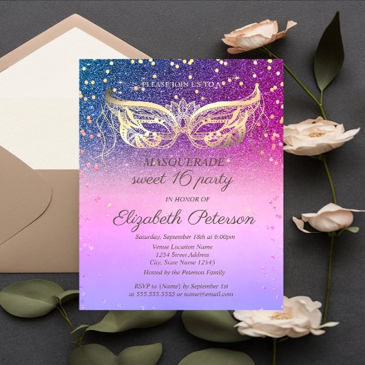 Masquerade Diamonds Glitter Colorful Sweet 16 Uitnodiging Briefkaart