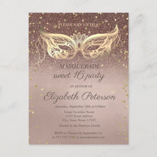 Masquerade Diamonds Glitter Sweet 16 Uitnodiging Briefkaart (Voorkant)