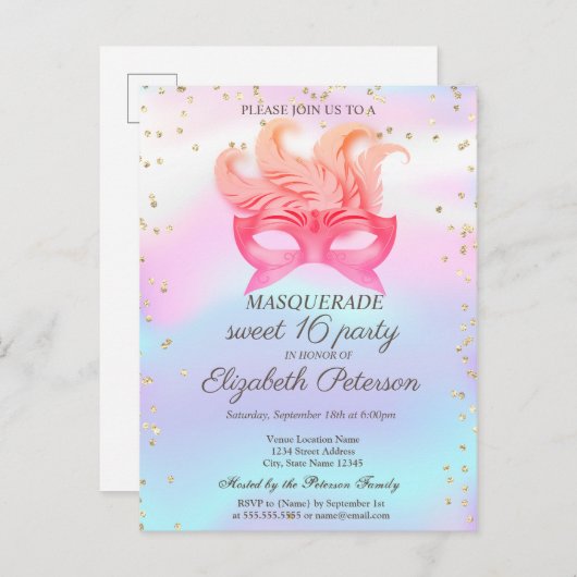 Masquerade Diamonds,Masque,Holographic Sweet 16 Uitnodiging Briefkaart (Voorkant / Achterkant)