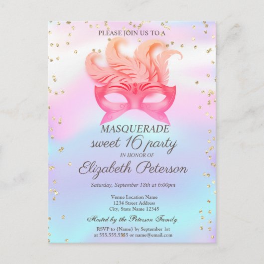 Masquerade Diamonds,Masque,Holographic Sweet 16 Uitnodiging Briefkaart (Voorkant)