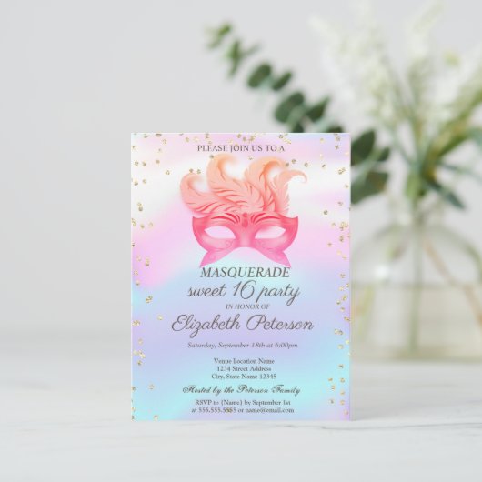 Masquerade Diamonds,Masque,Holographic Sweet 16 Uitnodiging Briefkaart (Staand voorkant)