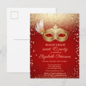 Masquerade Diamonds, Masque, Red Sweet 16 Uitnodiging Briefkaart (Voorkant / Achterkant)