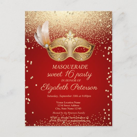 Masquerade Diamonds, Masque, Red Sweet 16 Uitnodiging Briefkaart (Voorkant)