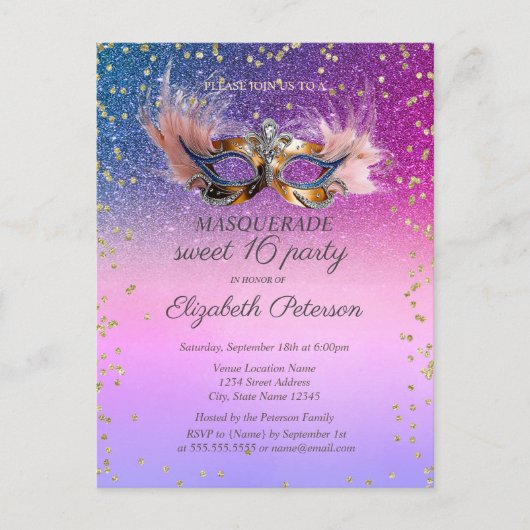 Masquerade  Diamonds Purple Glitter Sweet 16  Uitnodiging Briefkaart (Voorkant)