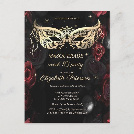 Masquerade donkerrode rozen gotisch zoet 16 uitnodiging briefkaart (Voorkant)