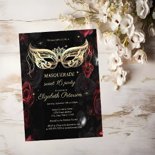 Masquerade Donkerrode Rozen Gotische Sweet 16 Uitnodiging Briefkaart