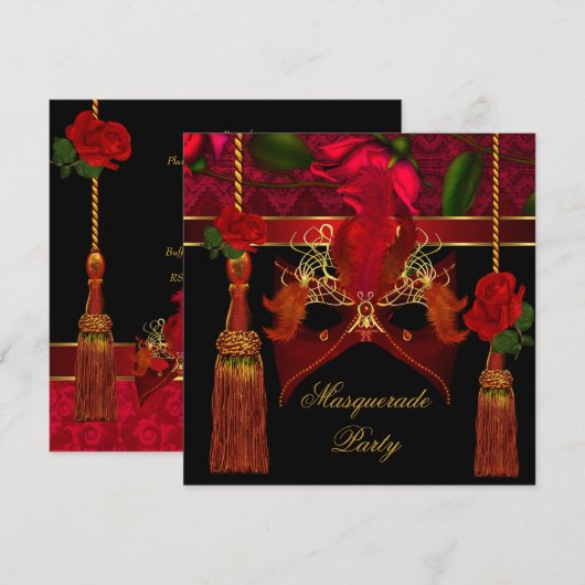 Masquerade Elegant Black Red Rose Gold Party Kaart (Voorkant / Achterkant)