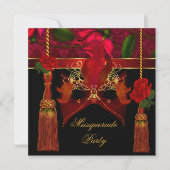 Masquerade Elegant Black Red Rose Gold Party Kaart (Voorkant)