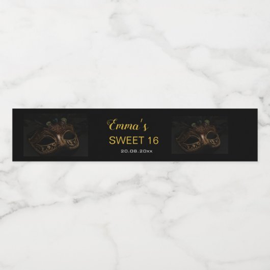 Masquerade Elegant Gold Black Sweet 16 15 verjaard Waterfles Etiket (Enkel label)