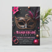 Masquerade Elegant Roze Uitnodigingsfeest Kaart (Staand voorkant)