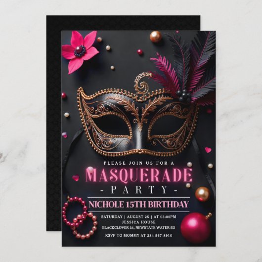 Masquerade Elegant Roze Uitnodigingsfeest Kaart (Voorkant / Achterkant)